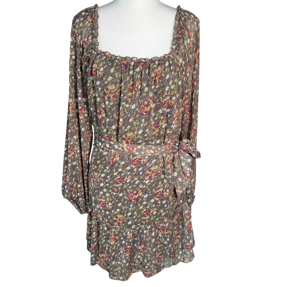 AMERICAN RAG Women's Large Floral Print Square Neck Long Sleeve Ruffle Hem Dress